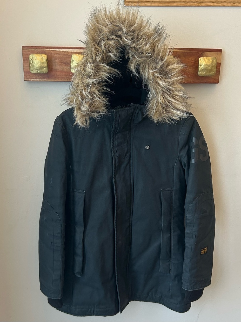 G-Star RAW 3301 Women’s M Black Fur Hood Parka Y2K Utility Gothcore